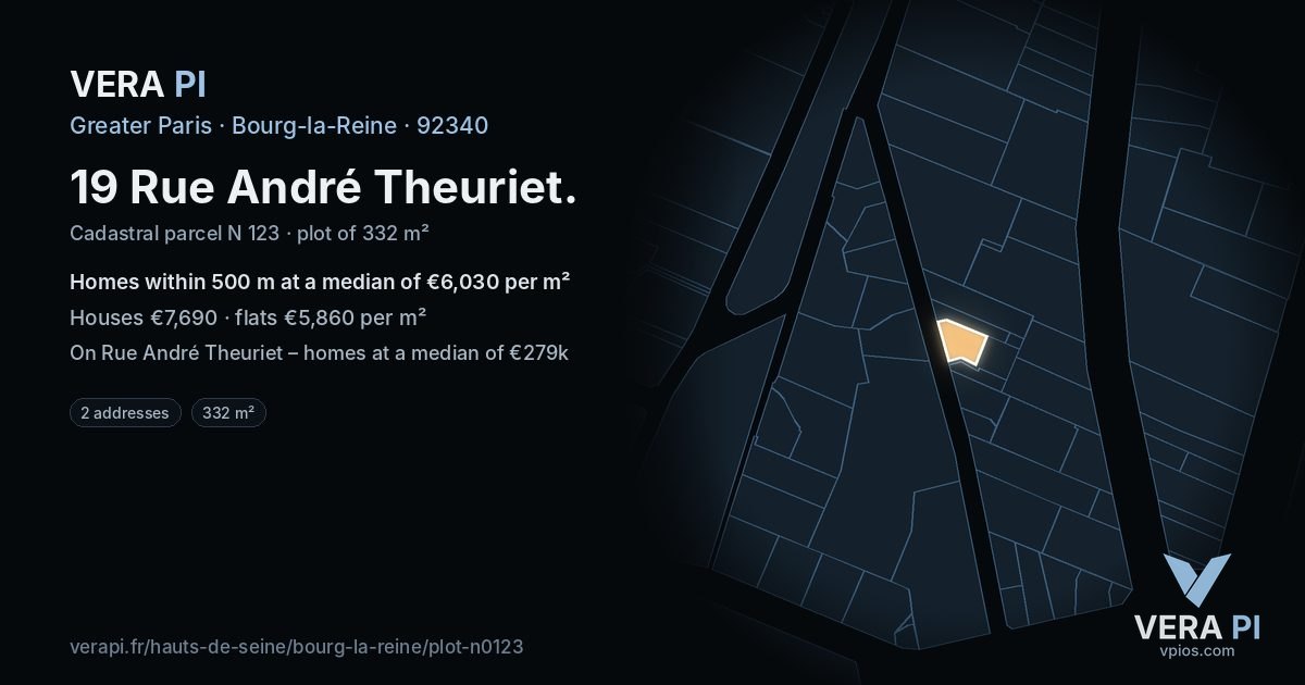 19 Rue André Theuriet, Bourg-la-Reine at night – the plot lit, the parcels around coloured by the prices near them
