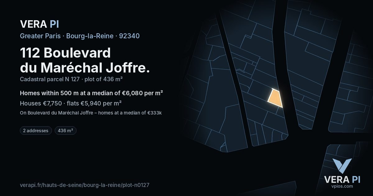112 Boulevard du Maréchal Joffre, Bourg-la-Reine at night – the plot lit, the parcels around coloured by the prices near them