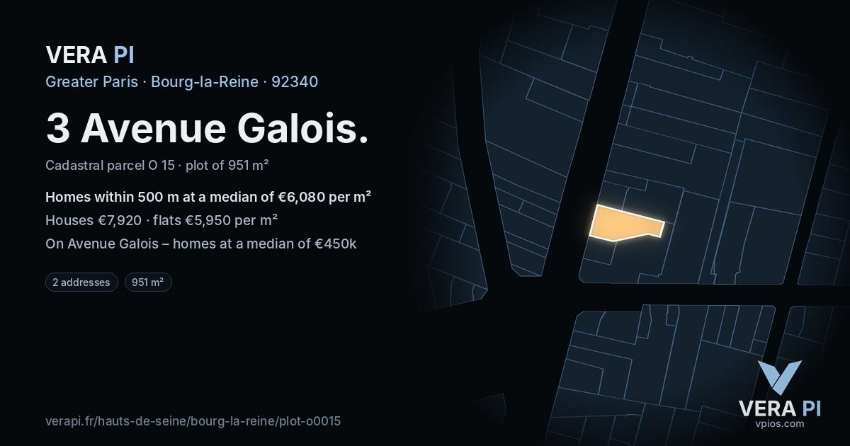3 Avenue Galois, Bourg-la-Reine at night – the plot lit, the parcels around coloured by the prices near them