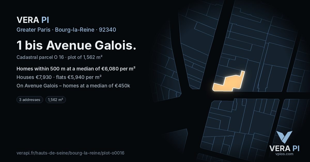1 bis Avenue Galois, Bourg-la-Reine at night – the plot lit, the parcels around coloured by the prices near them