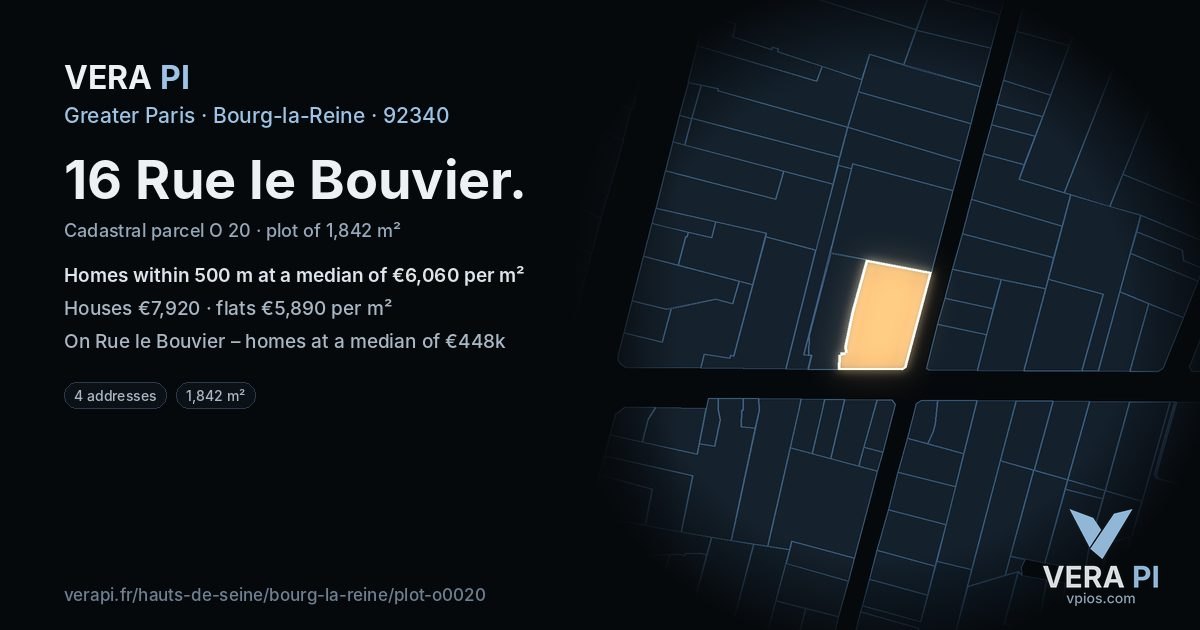 16 Rue le Bouvier, Bourg-la-Reine at night – the plot lit, the parcels around coloured by the prices near them
