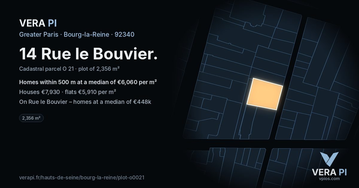 14 Rue le Bouvier, Bourg-la-Reine at night – the plot lit, the parcels around coloured by the prices near them