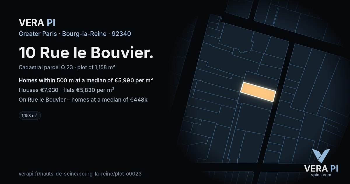 10 Rue le Bouvier, Bourg-la-Reine at night – the plot lit, the parcels around coloured by the prices near them