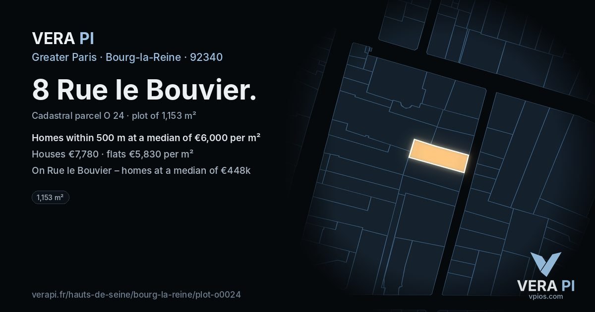 8 Rue le Bouvier, Bourg-la-Reine at night – the plot lit, the parcels around coloured by the prices near them
