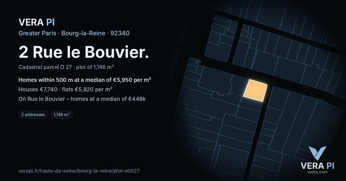 2 Rue le Bouvier, Bourg-la-Reine at night – the plot lit, the parcels around coloured by the prices near them