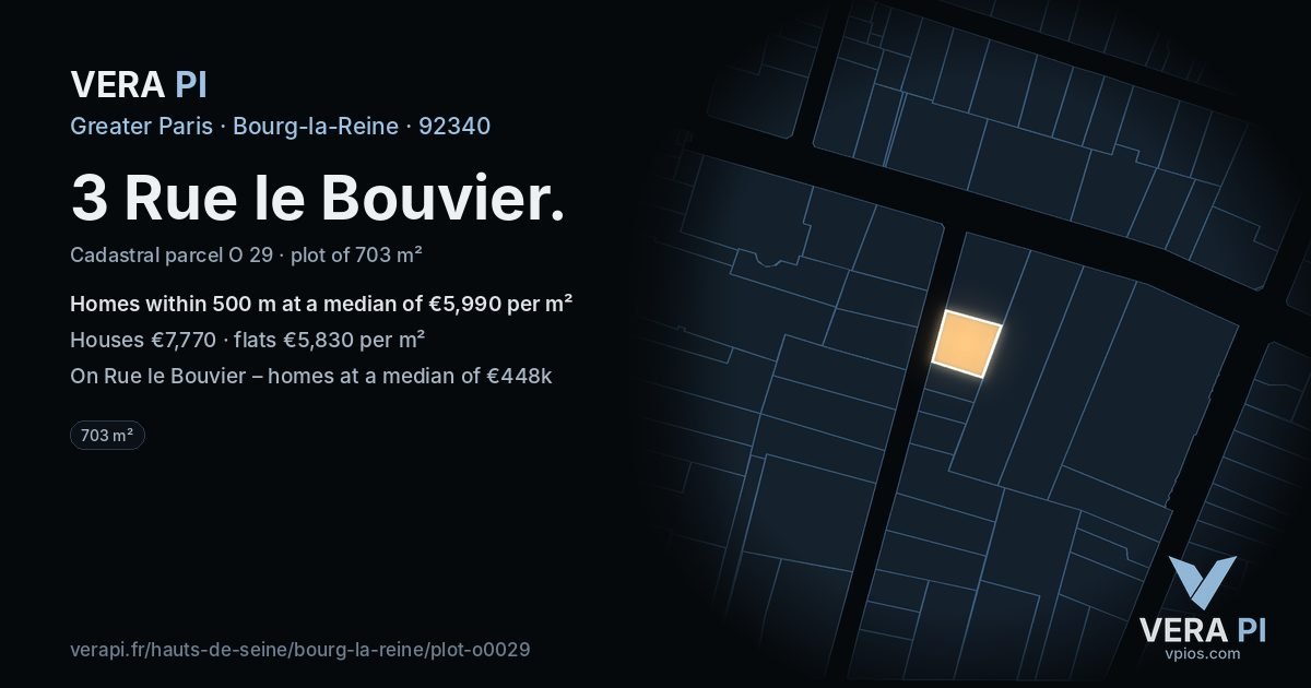 3 Rue le Bouvier, Bourg-la-Reine at night – the plot lit, the parcels around coloured by the prices near them