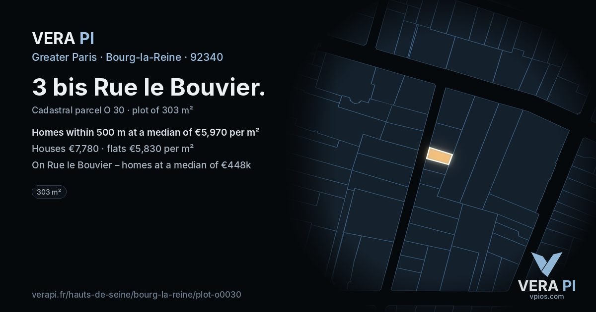 3 bis Rue le Bouvier, Bourg-la-Reine at night – the plot lit, the parcels around coloured by the prices near them