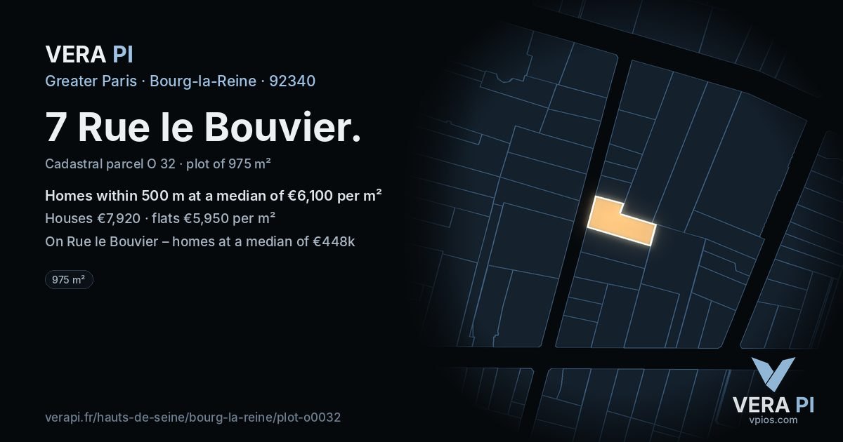 7 Rue le Bouvier, Bourg-la-Reine at night – the plot lit, the parcels around coloured by the prices near them