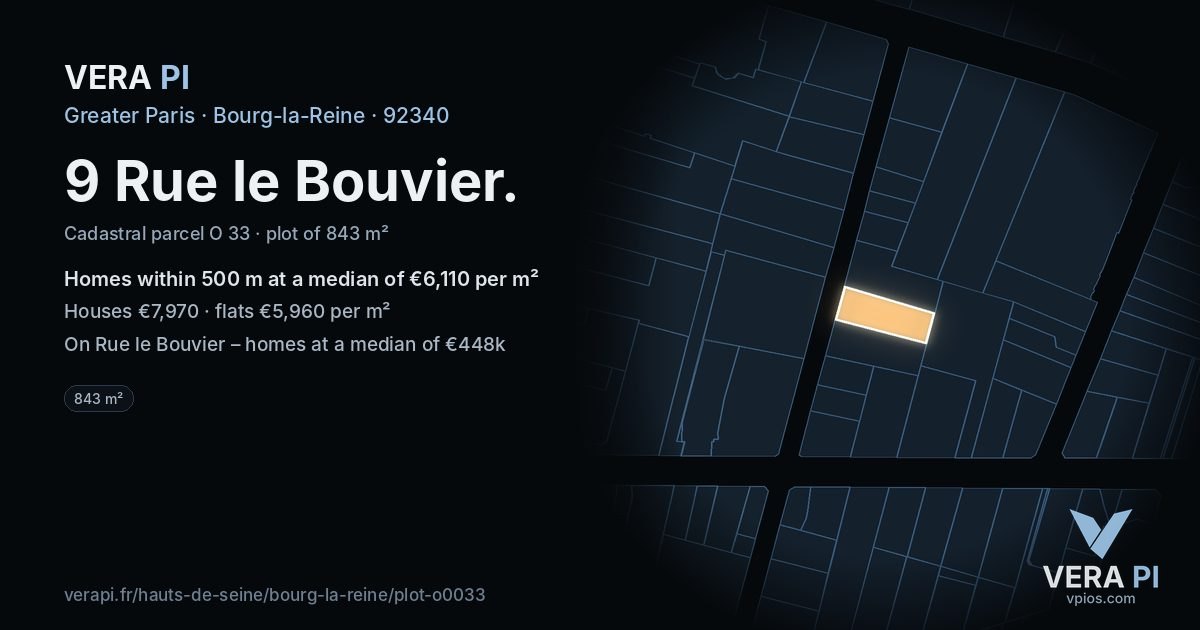 9 Rue le Bouvier, Bourg-la-Reine at night – the plot lit, the parcels around coloured by the prices near them