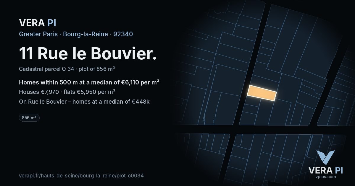 11 Rue le Bouvier, Bourg-la-Reine at night – the plot lit, the parcels around coloured by the prices near them