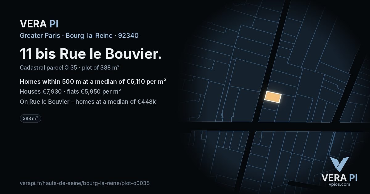 11 bis Rue le Bouvier, Bourg-la-Reine at night – the plot lit, the parcels around coloured by the prices near them