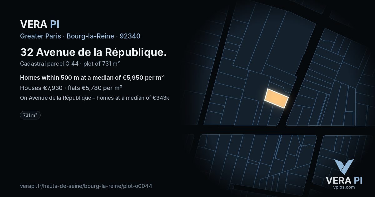 32 Avenue de la République, Bourg-la-Reine at night – the plot lit, the parcels around coloured by the prices near them