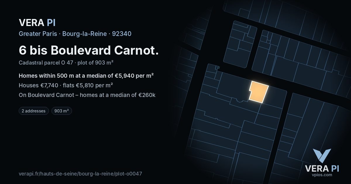 6 bis Boulevard Carnot, Bourg-la-Reine at night – the plot lit, the parcels around coloured by the prices near them