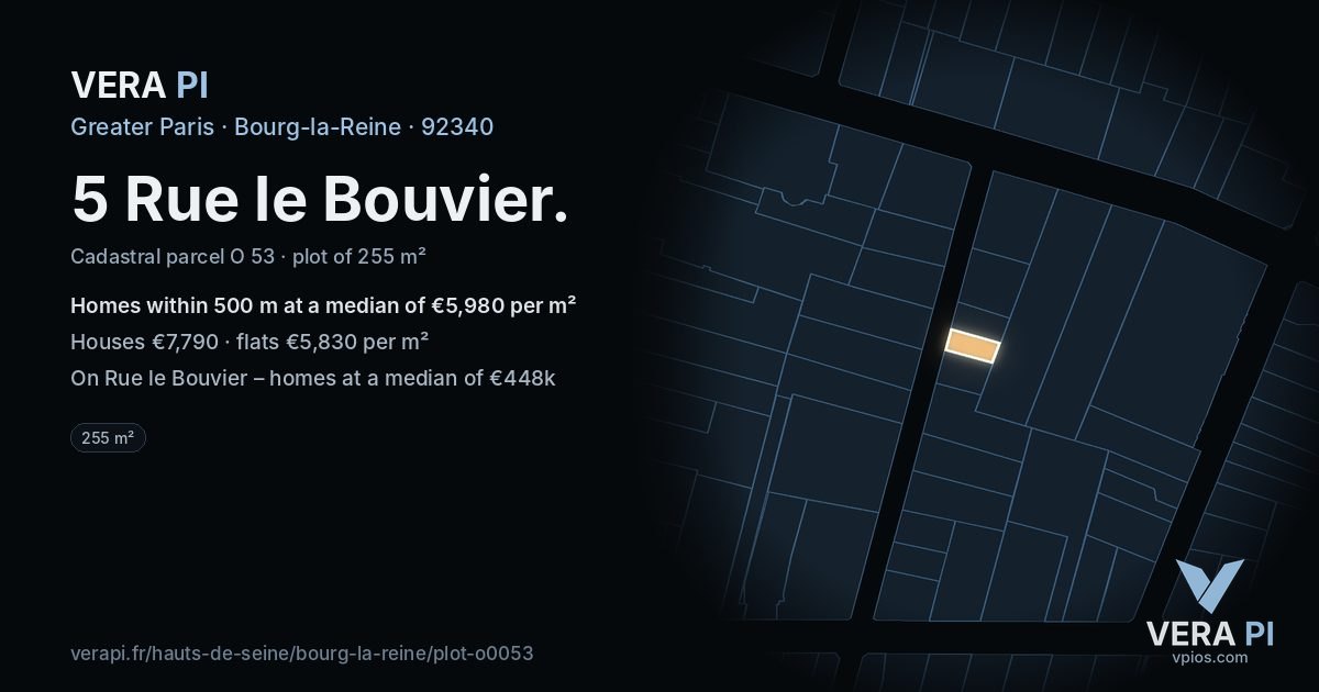 5 Rue le Bouvier, Bourg-la-Reine at night – the plot lit, the parcels around coloured by the prices near them