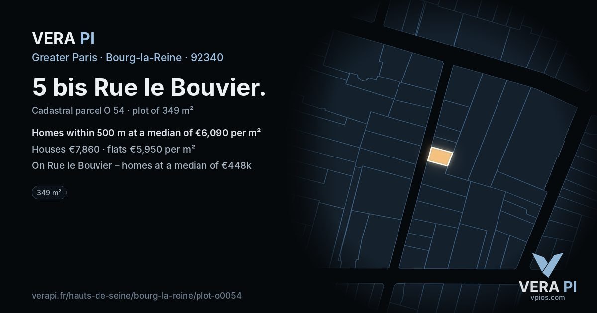 5 bis Rue le Bouvier, Bourg-la-Reine at night – the plot lit, the parcels around coloured by the prices near them