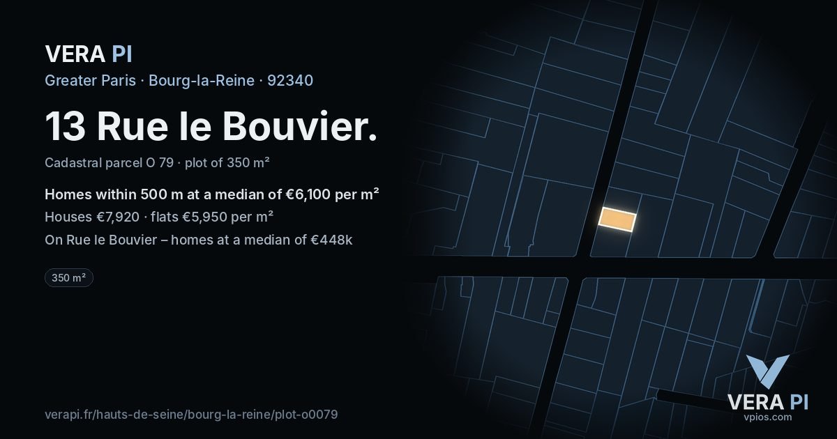 13 Rue le Bouvier, Bourg-la-Reine at night – the plot lit, the parcels around coloured by the prices near them