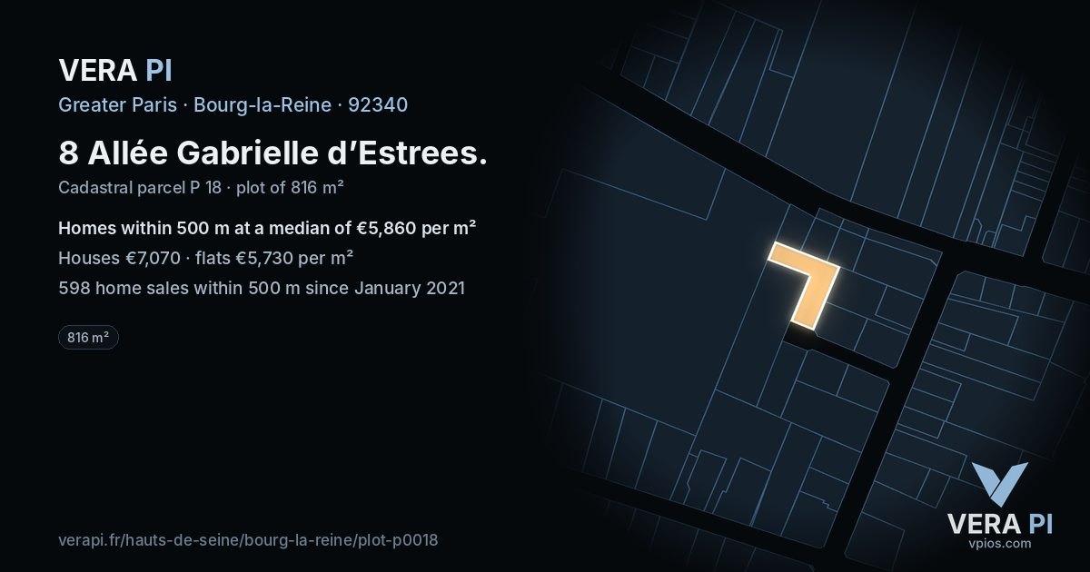 8 Allée Gabrielle d’Estrees, Bourg-la-Reine at night – the plot lit, the parcels around coloured by the prices near them