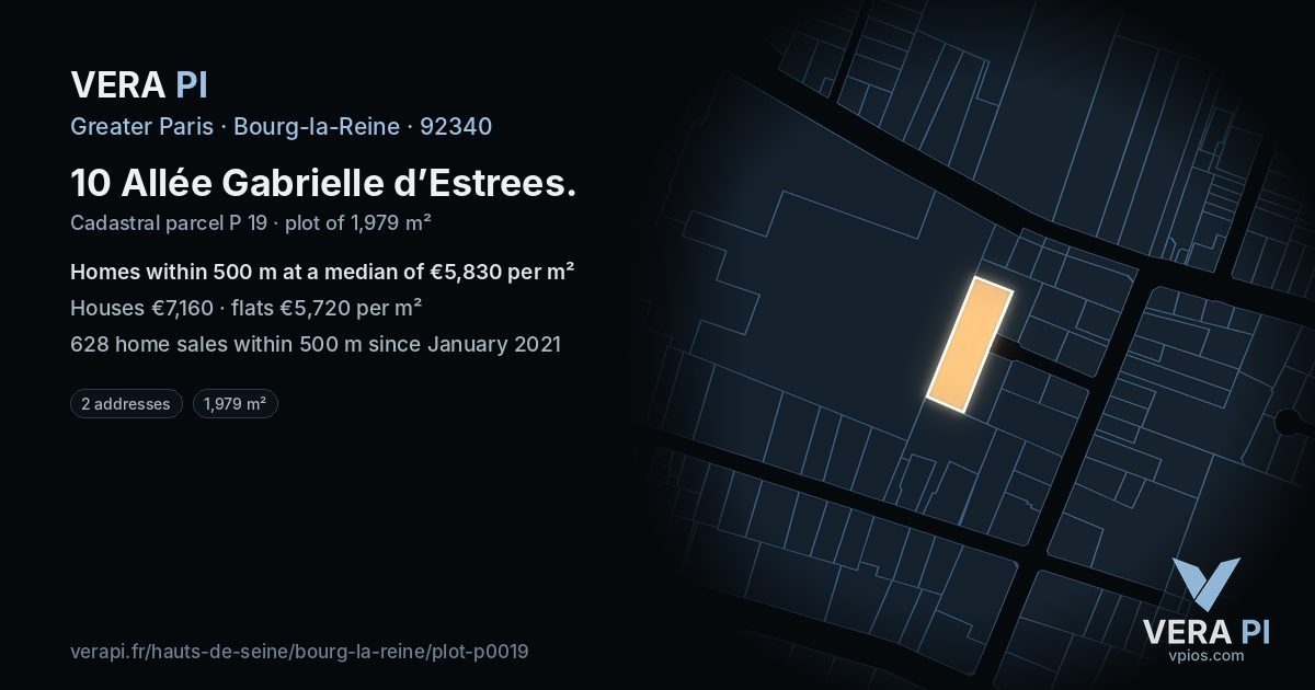 10 Allée Gabrielle d’Estrees, Bourg-la-Reine at night – the plot lit, the parcels around coloured by the prices near them