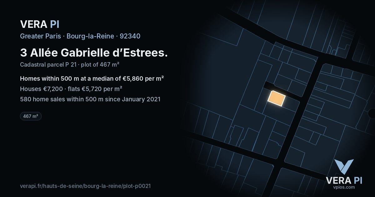 3 Allée Gabrielle d’Estrees, Bourg-la-Reine at night – the plot lit, the parcels around coloured by the prices near them