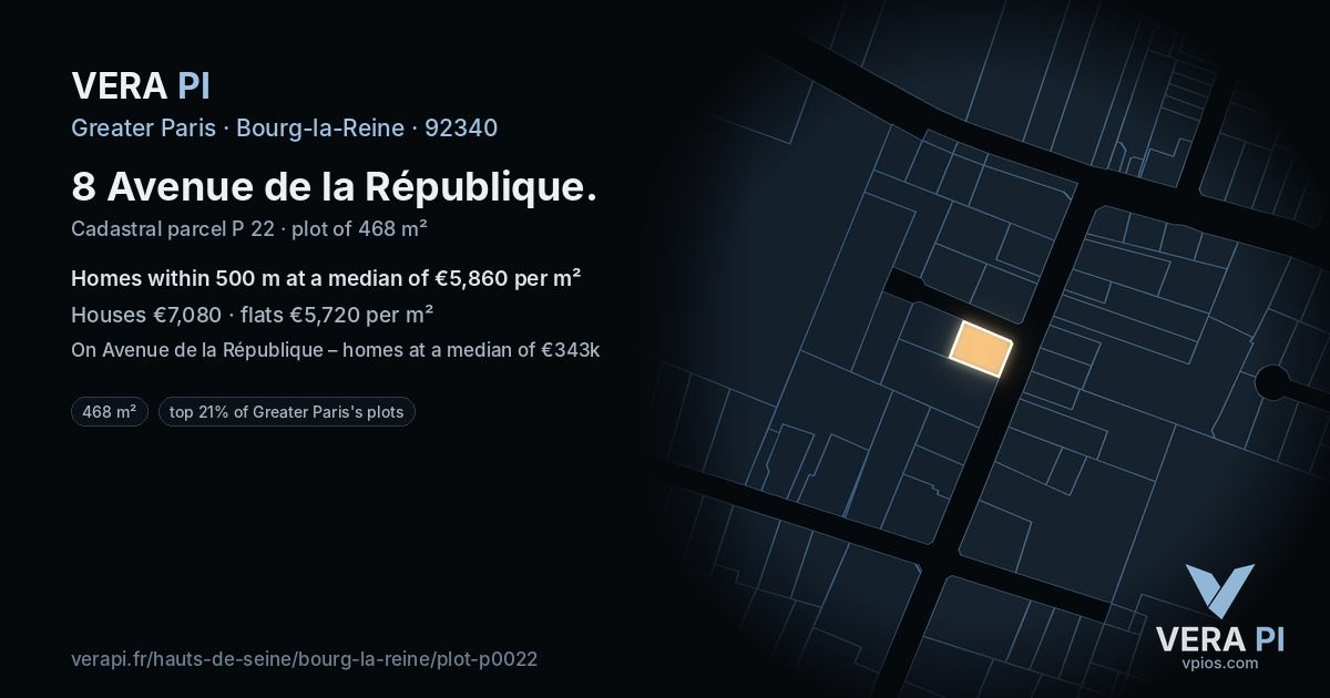 8 Avenue de la République, Bourg-la-Reine at night – the plot lit, the parcels around coloured by the prices near them