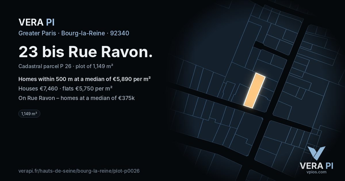 23 bis Rue Ravon, Bourg-la-Reine at night – the plot lit, the parcels around coloured by the prices near them