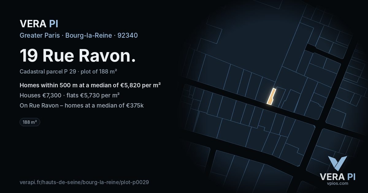 19 Rue Ravon, Bourg-la-Reine at night – the plot lit, the parcels around coloured by the prices near them