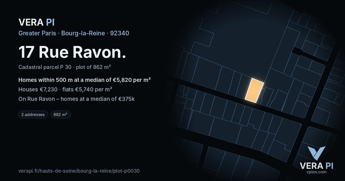 17 Rue Ravon, Bourg-la-Reine at night – the plot lit, the parcels around coloured by the prices near them