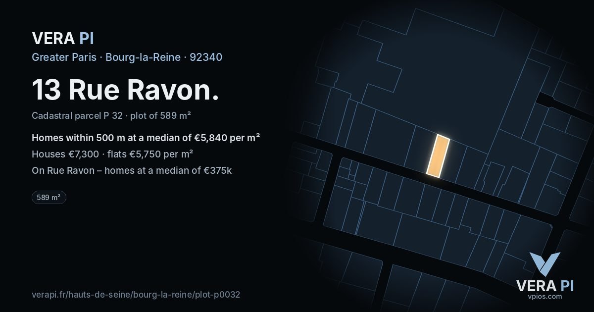 13 Rue Ravon, Bourg-la-Reine at night – the plot lit, the parcels around coloured by the prices near them