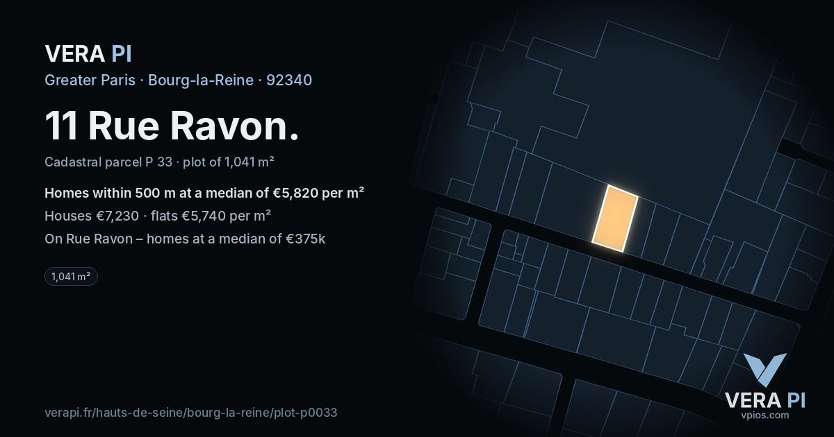 11 Rue Ravon, Bourg-la-Reine at night – the plot lit, the parcels around coloured by the prices near them
