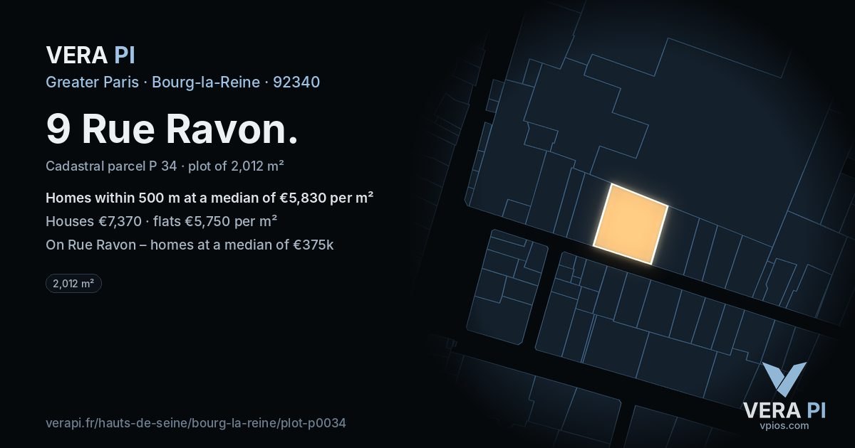 9 Rue Ravon, Bourg-la-Reine at night – the plot lit, the parcels around coloured by the prices near them