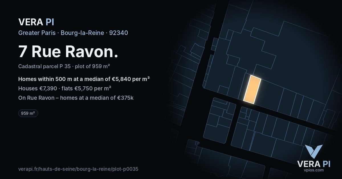 7 Rue Ravon, Bourg-la-Reine at night – the plot lit, the parcels around coloured by the prices near them