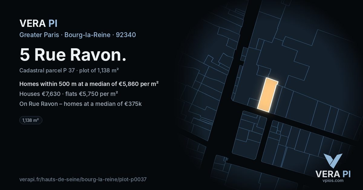 5 Rue Ravon, Bourg-la-Reine at night – the plot lit, the parcels around coloured by the prices near them