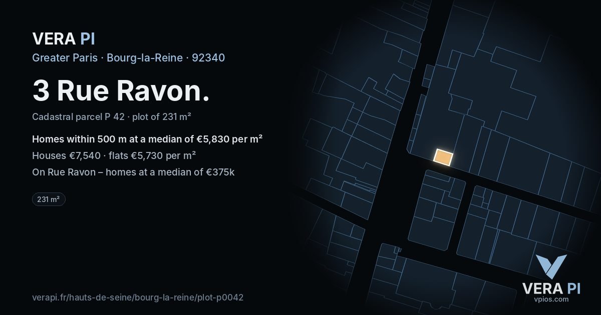 3 Rue Ravon, Bourg-la-Reine at night – the plot lit, the parcels around coloured by the prices near them
