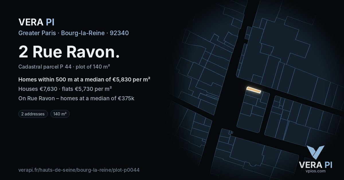 2 Rue Ravon, Bourg-la-Reine at night – the plot lit, the parcels around coloured by the prices near them