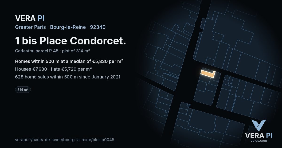 1 bis Place Condorcet, Bourg-la-Reine at night – the plot lit, the parcels around coloured by the prices near them