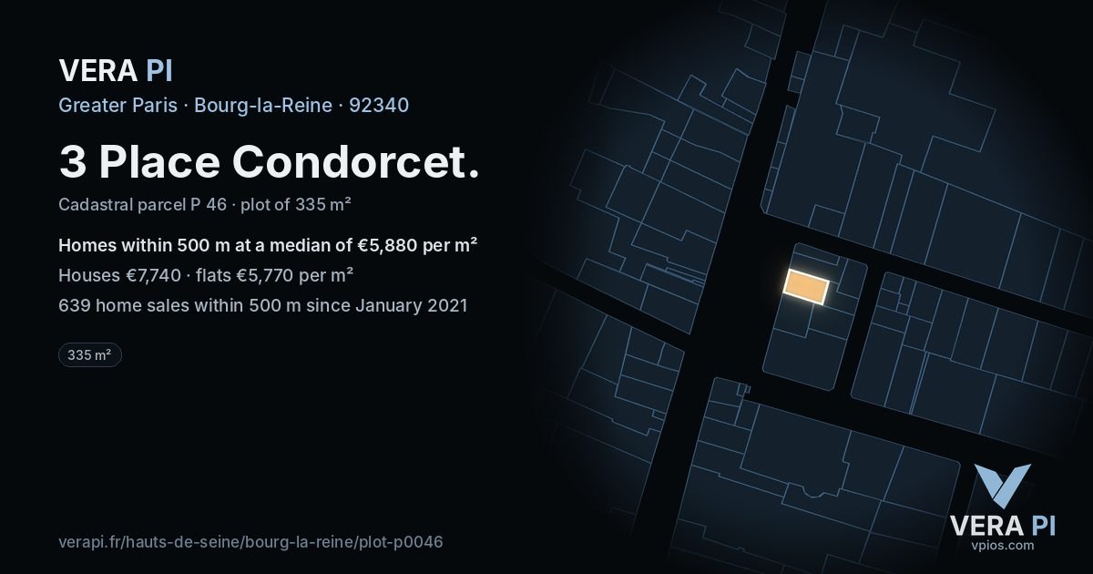 3 Place Condorcet, Bourg-la-Reine at night – the plot lit, the parcels around coloured by the prices near them
