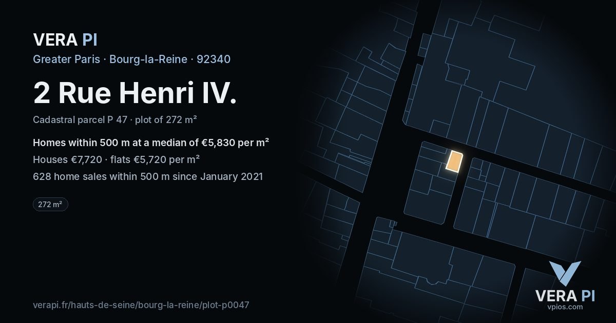 2 Rue Henri IV, Bourg-la-Reine at night – the plot lit, the parcels around coloured by the prices near them