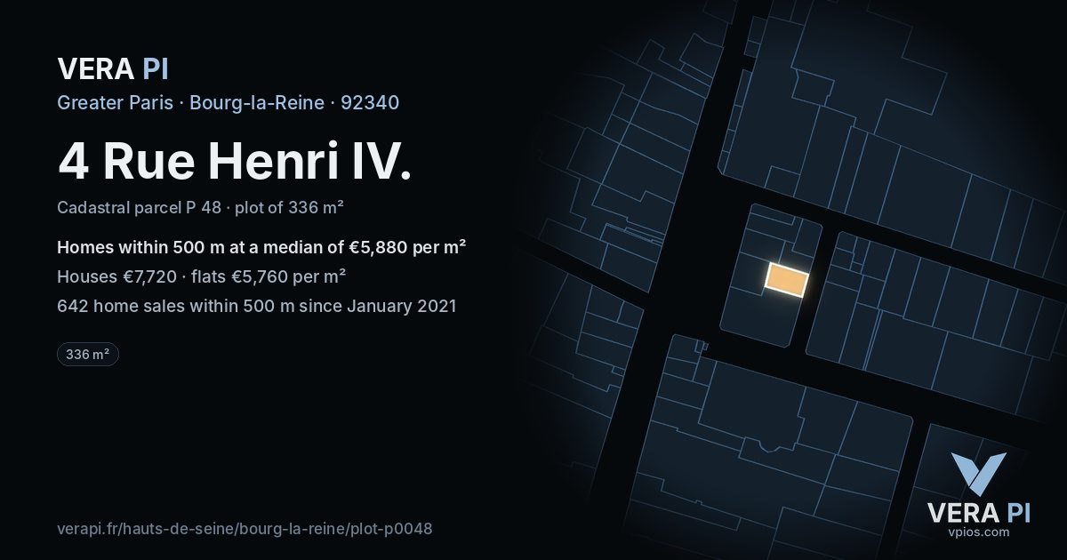 4 Rue Henri IV, Bourg-la-Reine at night – the plot lit, the parcels around coloured by the prices near them