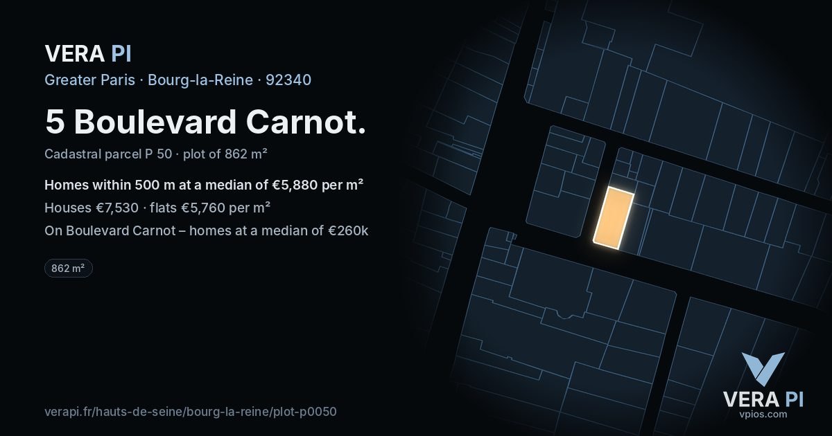 5 Boulevard Carnot, Bourg-la-Reine at night – the plot lit, the parcels around coloured by the prices near them