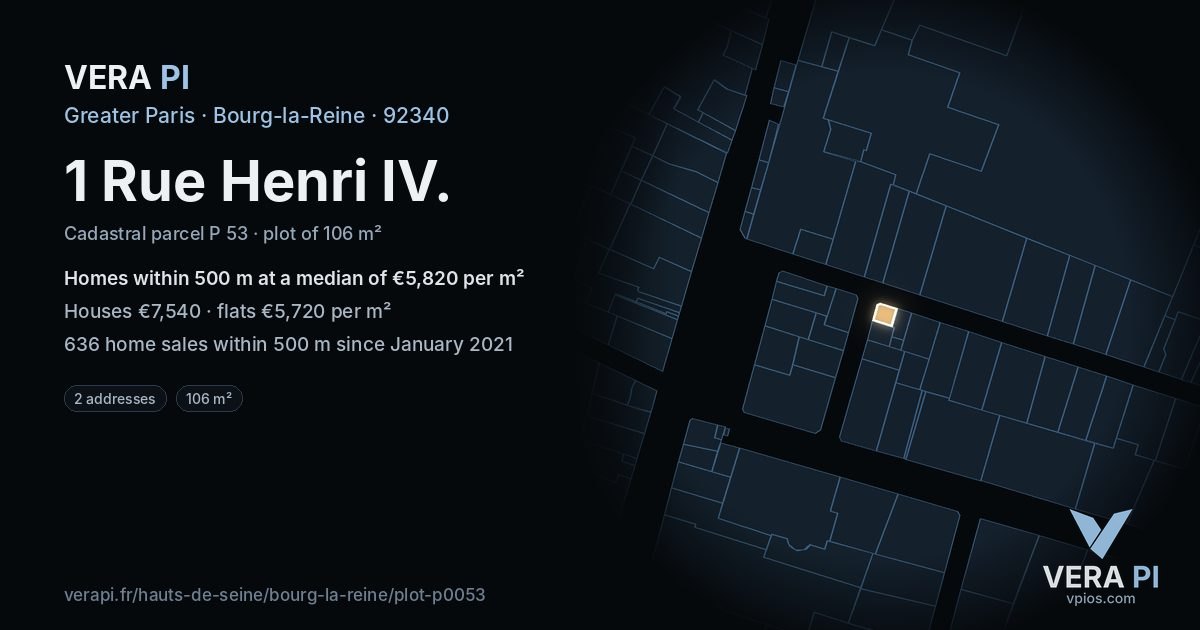 1 Rue Henri IV, Bourg-la-Reine at night – the plot lit, the parcels around coloured by the prices near them