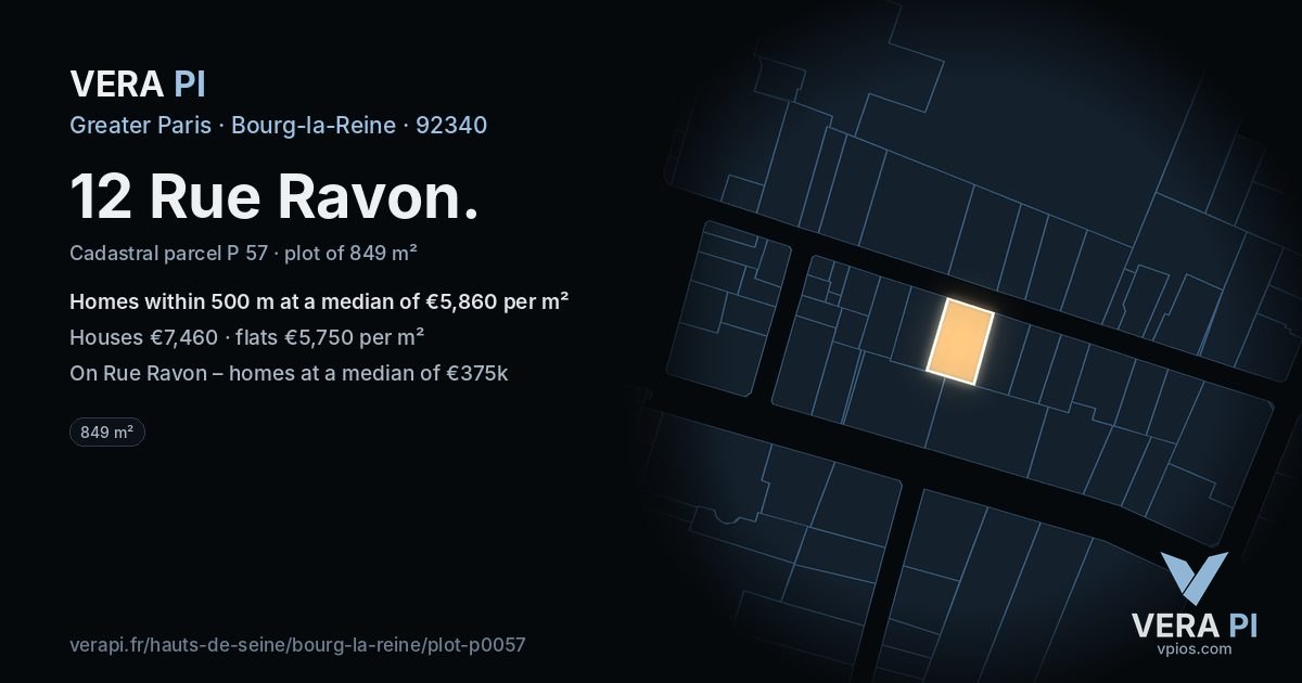 12 Rue Ravon, Bourg-la-Reine at night – the plot lit, the parcels around coloured by the prices near them
