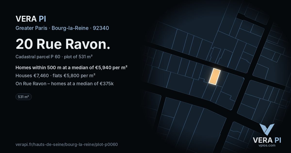 20 Rue Ravon, Bourg-la-Reine at night – the plot lit, the parcels around coloured by the prices near them