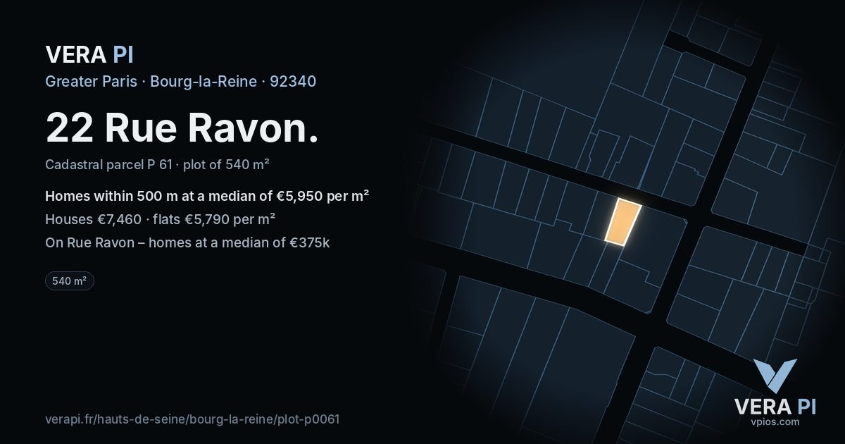 22 Rue Ravon, Bourg-la-Reine at night – the plot lit, the parcels around coloured by the prices near them