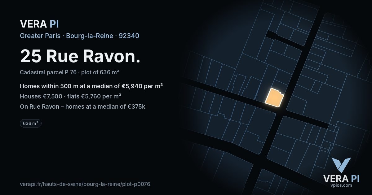 25 Rue Ravon, Bourg-la-Reine at night – the plot lit, the parcels around coloured by the prices near them