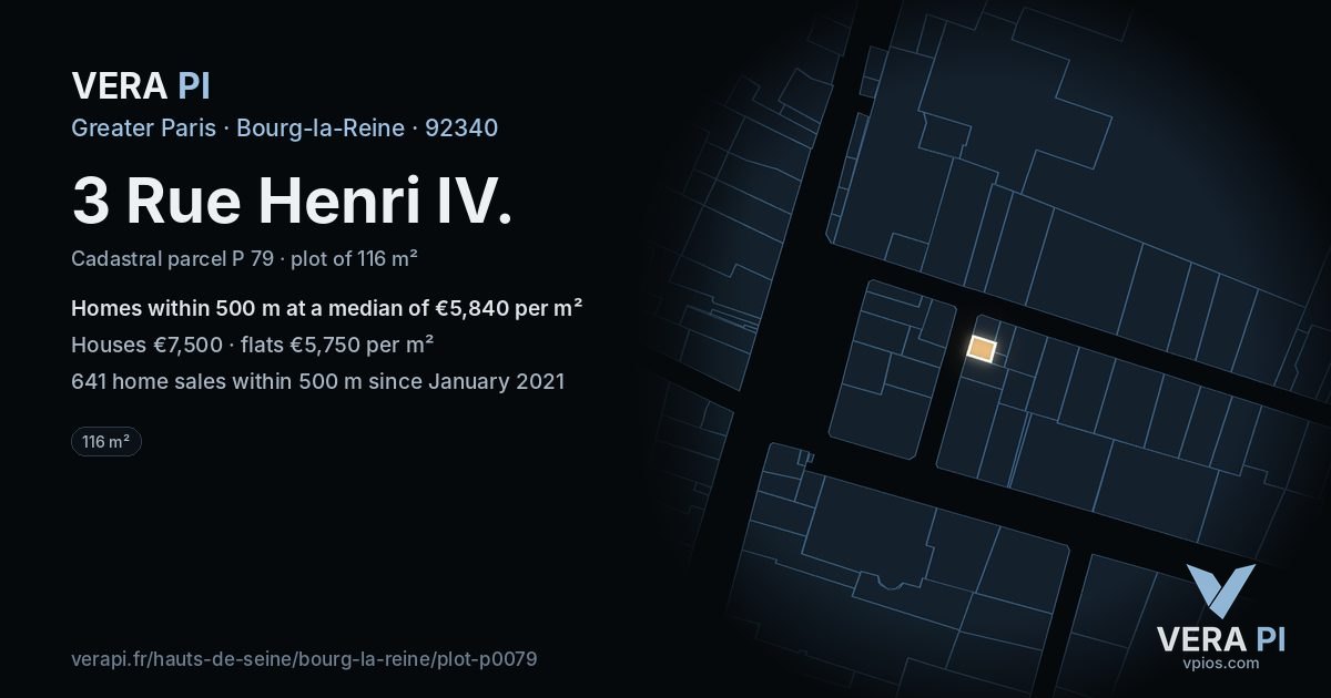 3 Rue Henri IV, Bourg-la-Reine at night – the plot lit, the parcels around coloured by the prices near them