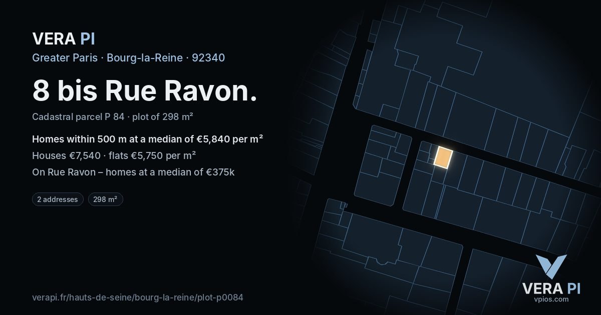 8 bis Rue Ravon, Bourg-la-Reine at night – the plot lit, the parcels around coloured by the prices near them