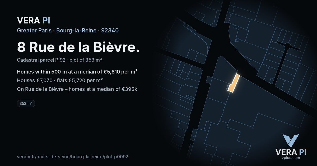 8 Rue de la Bièvre, Bourg-la-Reine at night – the plot lit, the parcels around coloured by the prices near them