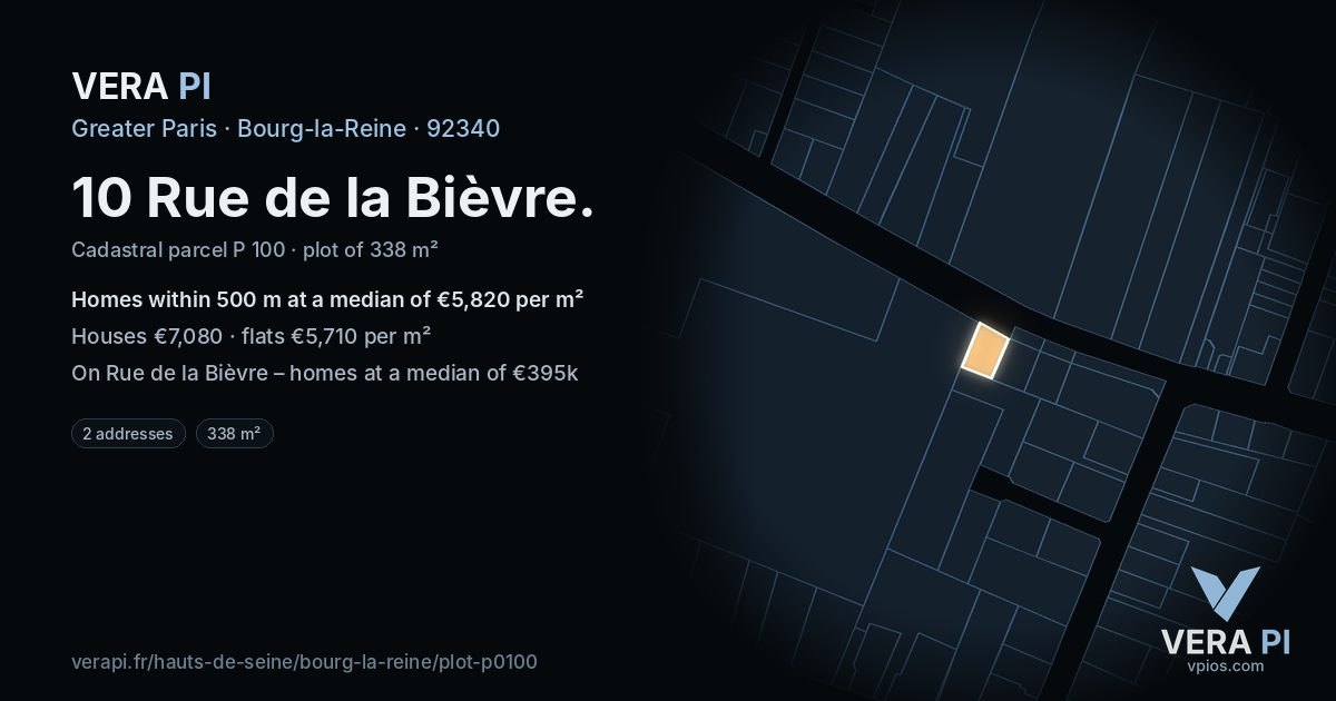 10 Rue de la Bièvre, Bourg-la-Reine at night – the plot lit, the parcels around coloured by the prices near them