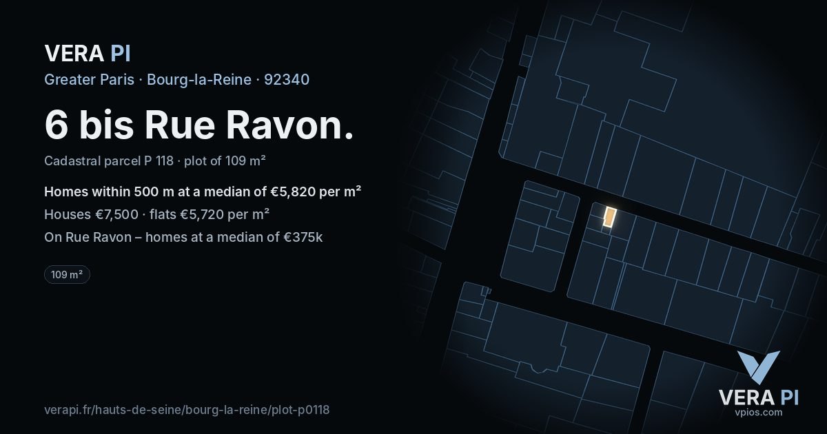 6 bis Rue Ravon, Bourg-la-Reine at night – the plot lit, the parcels around coloured by the prices near them