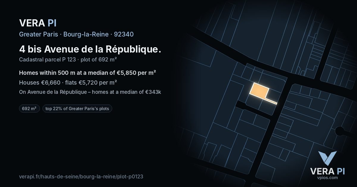 4 bis Avenue de la République, Bourg-la-Reine at night – the plot lit, the parcels around coloured by the prices near them